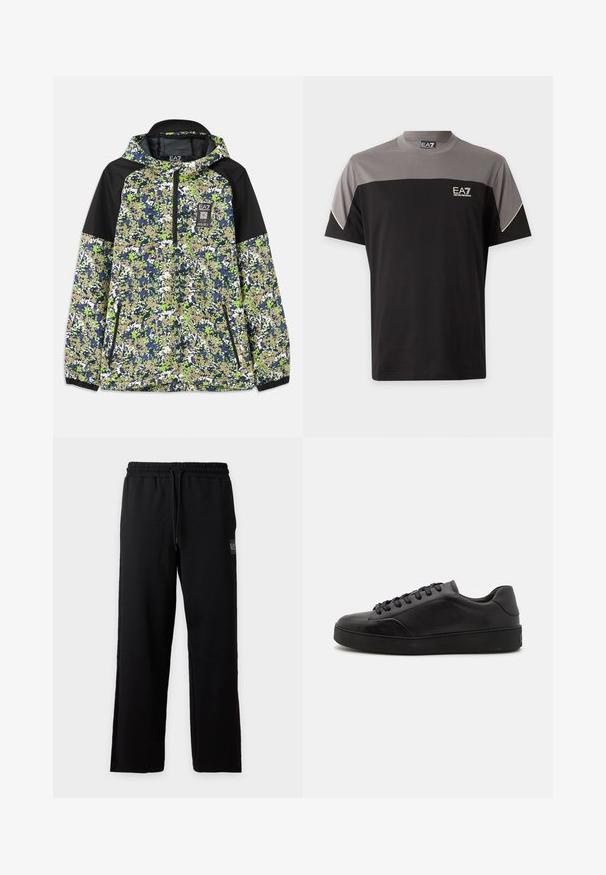 Jakke med hætte og halvlængde lynlås, prydet med blå, grøn, hvid og beige camouflage mønster samt sorte skulderpaneler og lynlåslommer foran.; Sort og grå EA7 Emporio Armani T-shirt med korte ærmer, logo på brystet og hvid kant på ærmerne.; Sorte sweatpants med løs pasform, elastisk talje og snøre, med lille logo på højre lår.; Sorte lædersneakers med rund tå, flad sål og traditionel snøring. Har en glat tekstur og diskrete detaljer på siden.
