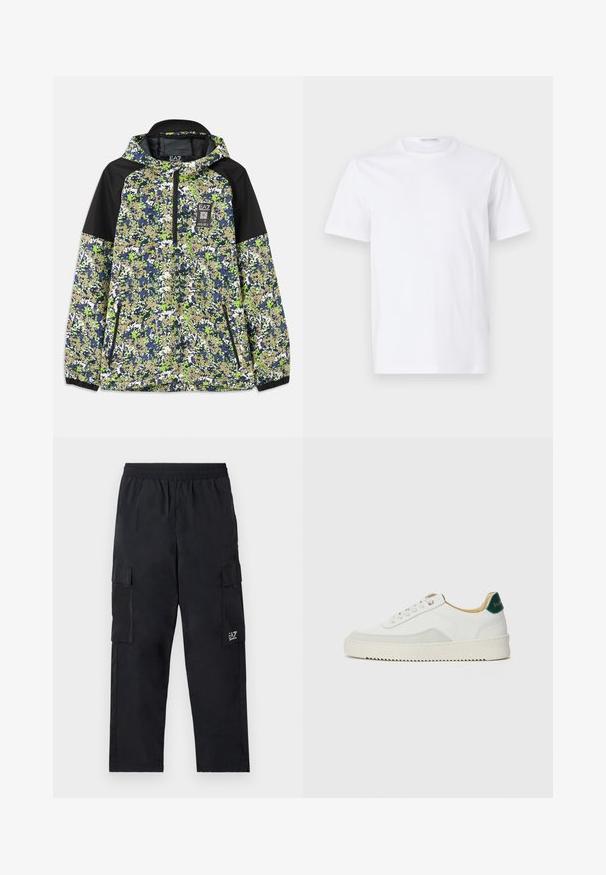 Jakke med hætte og halvlængde lynlås, prydet med blå, grøn, hvid og beige camouflage mønster samt sorte skulderpaneler og lynlåslommer foran.; Hvid bomulds t-shirt med rund halsudskæring og korte ærmer. Glat tekstur, lige snit og minimalistisk design uden mønstre eller accenter.; Sorte cargo bukser med elastisk talje, sidelommer og et lille logo på venstre ben. Fremstillet af let, glat stof.; Hvide sneakers med ruskindsdetaljer, rund tå, flade snørebånd og en cremet gummisål. Har grøn branding på hælen.
