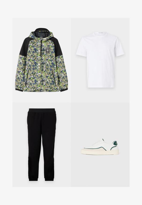 Jakke med hætte og halvlængde lynlås, prydet med blå, grøn, hvid og beige camouflage mønster samt sorte skulderpaneler og lynlåslommer foran.; Hvid bomulds t-shirt med rund halsudskæring og korte ærmer. Glat tekstur, lige snit og minimalistisk design uden mønstre eller accenter.; Sorte sweatpants lavet af et blødt materiale, med et elastisk liv, tætsiddende manchetter og sidelommer for ekstra bekvemmelighed.; Hvide lavtop sneakers med grønne detaljer, beige ruskind og en cremefarvet sål med en rilllet bund.