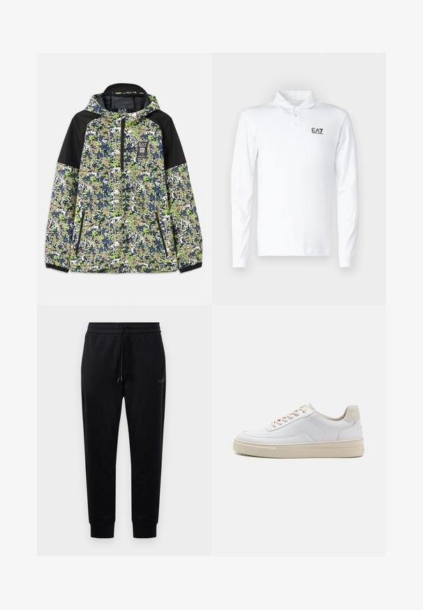 Jas met capuchon en halve rits, voorzien van een blauw, groen, wit en beige camouflagepatroon met zwarte schouderpanelen en ritszakken aan de voorkant.; Witte lange mouw polo shirt van katoen, met een klassieke kraag, drie knopen en een zwart EA7-logo op de borst.; Zwarte sweatpants met een tailleband met trekkoord, zijzakken en geribbelde boorden. Gemaakt van zacht materiaal, met een subtiele logodetail op de dij.; Witte sneaker met een gevoerd leren bovenwerk, beige veters en een gestructureerde beige suede hieltab. Verhoogde zool voor extra hoogte.