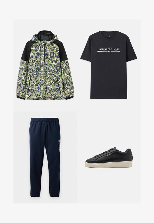 Jas met capuchon en halve rits, voorzien van een blauw, groen, wit en beige camouflagepatroon met zwarte schouderpanelen en ritszakken aan de voorkant.; Zwarte katoenen t-shirt met het logo "Armani Exchange" en "1991" in witte en lichtblauwe tekst op de borst. Korte mouwen, ronde hals.; Marineblauwe trainingsbroek met een elastische tailleband, taps toelopende pijpen en een wit logo aan de zijkant. Gladde stof met een lichte textuur.; Zwarte leren sneaker met een gladde afwerking, contrasterende crèmekleurige zool, ronde neus, gouden logo aan de zijkant en zes gaatjes voor veters.