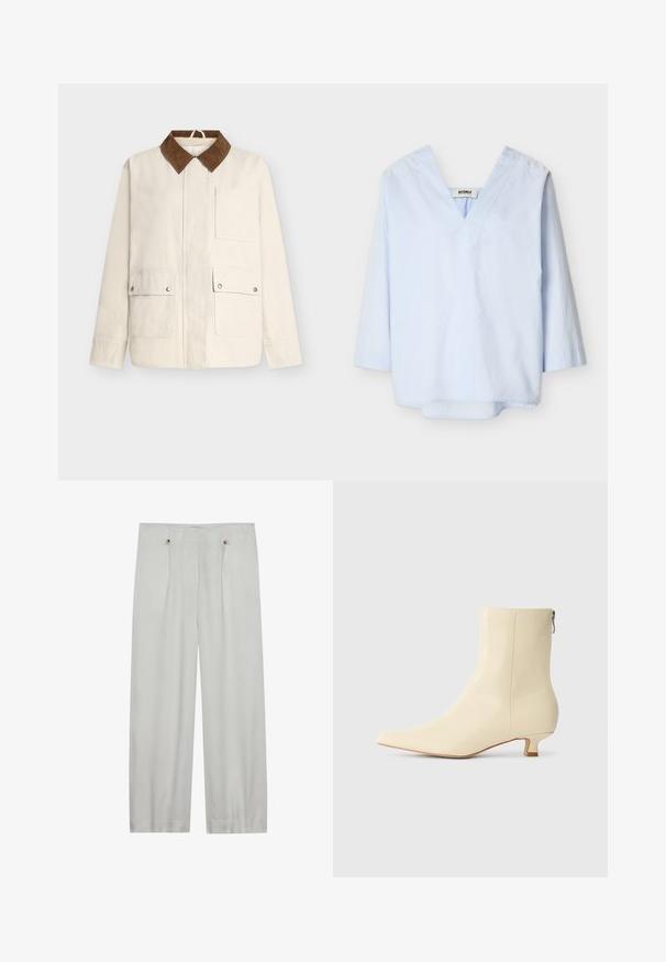 Veste beige avec col marron, fermeture éclair à l'avant et trois poches avant : deux avec rabats à bouton-pression et une poche ouverte sur la poitrine.; Blouse bleu clair à manches longues avec un décolleté en V profond et une coupe décontractée, présentée sur un fond blanc.; Pantalons taille haute en gris clair, à jambes larges, fabriqués en tissu doux. Comprend deux plis avant, deux boutons de fermeture et une texture lisse.; Bottine beige en cuir lisse, bout pointu, petit talon carré et fermeture éclair latérale pour un enfilage facile.