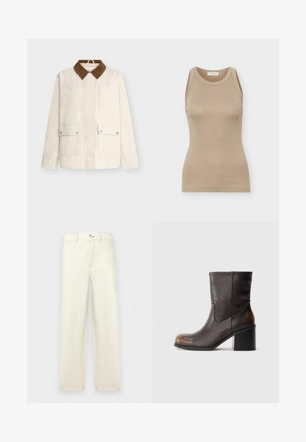Veste beige avec col marron, fermeture éclair à l'avant et trois poches avant : deux avec rabats à bouton-pression et une poche ouverte sur la poitrine.; Débardeur beige ajusté pour femmes, sans manches, avec encolure ronde et étiquette Marc O'Polo à l'intérieur du col arrière.; Pantalon droit de couleur blanc cassé avec poches avant, fermeture à boutons et passants pour ceinture, présenté sur un fond clair uni.; Botte en cuir marron foncé mi-mollet avec un bout arrondi et un talon carré, montrant des détails d'usure subtils sur les zones du bout et du talon.