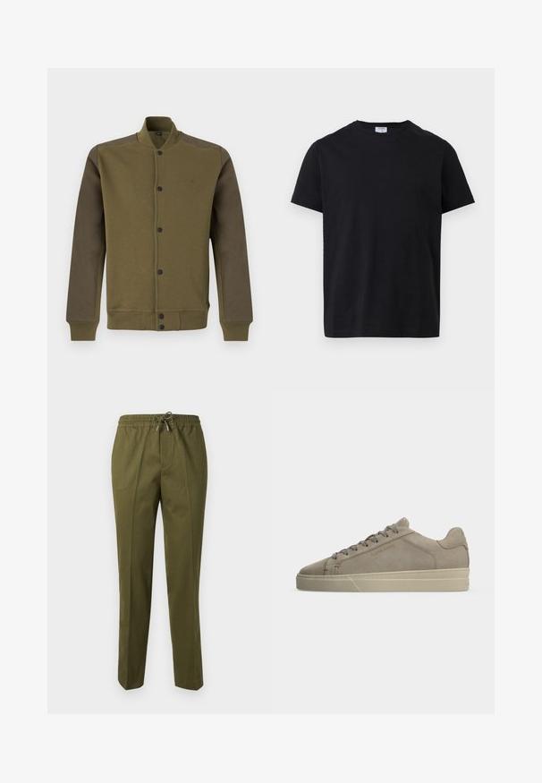 Blouson bomber vert olive avec manches vert foncé, boutons-pression devant, col, poignets et bas côtelés.; T-shirt noir à manches courtes et col rond avec une petite étiquette blanche à l'intérieur du col, présenté à plat sur un fond blanc.; Pantalons légers vert olive avec une taille élastique, fermeture à cordon de serrage et un design ajusté avec des plis à l'avant.; Baskets basses en daim beige avec lacets ton sur ton, semelle en caoutchouc crème et "FILLING PIECES" embossé sur le panneau latéral.