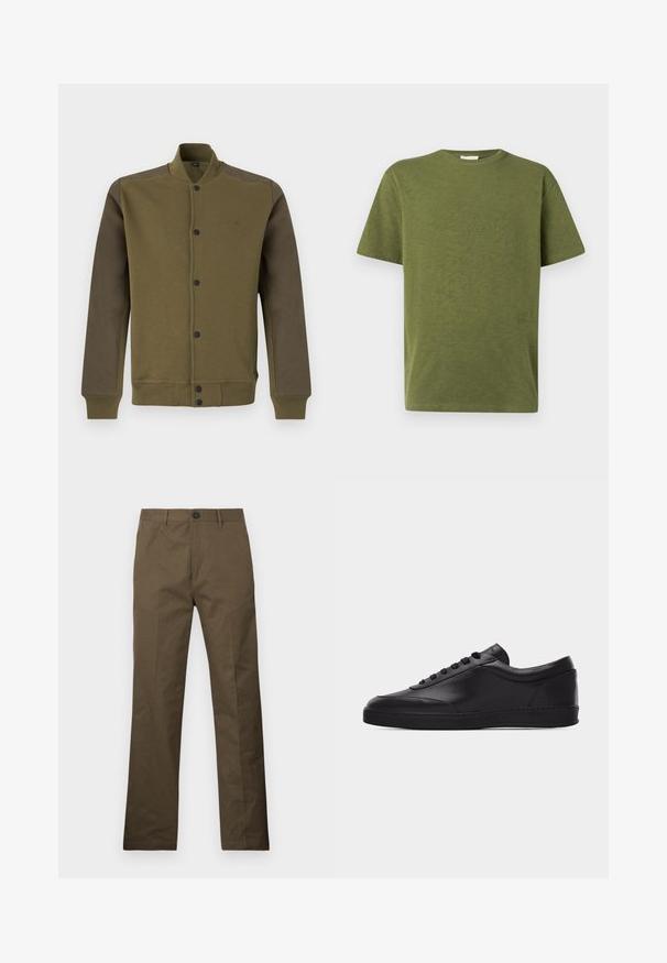 Blouson bomber vert olive avec manches vert foncé, boutons-pression devant, col, poignets et bas côtelés.; T-shirt en coton vert olive avec une coupe décontractée, un col rond et des manches courtes. Présente un détail de texte subtil sur le côté gauche à l'avant.; Pantalon en coton brun à coupe droite, avec une fermeture à bouton et des poches latérales, exposé sur un fond blanc.; Baskets basses en cuir noir avec lacets sur le devant et semelle en caoutchouc plate, vues de côté sur un fond blanc uni.