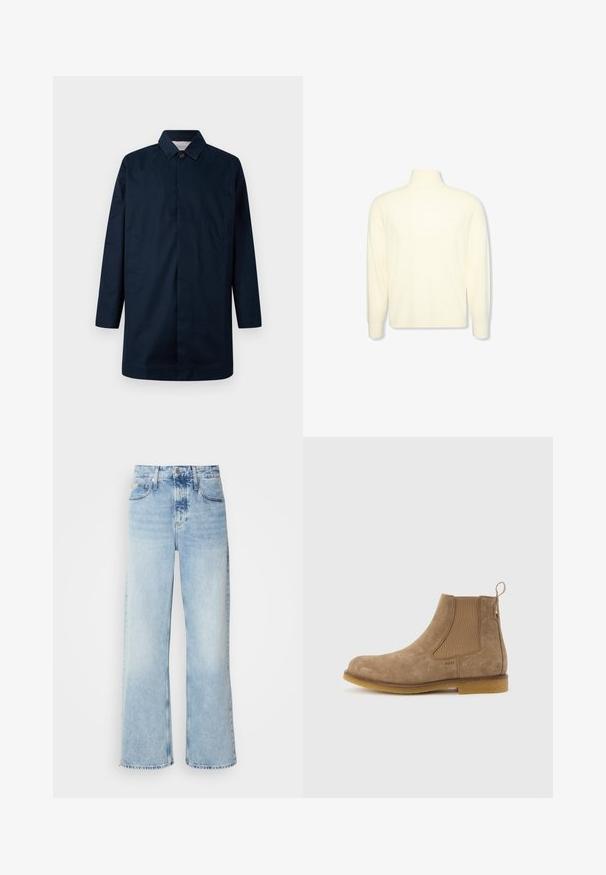Marineblauer langer Mantel mit Kragen, Frontknopfverschluss, zwei seitlichen Taschen und gerader Silhouette, aus einem glatten Material gefertigt.; Cremefarbener Rollkragenpullover mit langen Ärmeln, gerippten Bündchen und einem dezenten Logo auf der Brust, abgebildet auf einem schlichten weißen Hintergrund.; Helle blaue weite Jeans mit hoher Taille, in verwaschenem Finish, mit Gürtelschlaufen und klassischem Fünf-Taschen-Design. Der Saum ist ungesäumt.; Hellbrauner Chelsea-Stiefel aus Wildleder mit elastischen Seitenpaneelen, Zuglasche an der Ferse und Gummisohle.