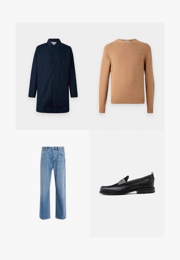 Marineblauer langer Mantel mit Kragen, Frontknopfverschluss, zwei seitlichen Taschen und gerader Silhouette, aus einem glatten Material gefertigt.; Brauner, gestrickter Pullover mit Rundhalsausschnitt. Gerippte Bündchen und Saum. Verfügt über ein kleines grünes Logo auf der Brust. Weiche Textur.; Helle blaue Jeans im Geradeschnitt-Design, mit fünf Taschen, Knopfverschluss, minimaler Ausbleichung und kontrastierenden Nähdetails.; Schwarzer Lederloafer mit grauem Riemendetail, niedrigem Absatz und strukturierter Sohle, seitlich mit „HUGO“ in Gold gebrandmarkt.