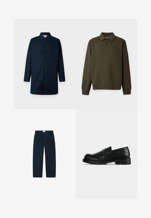 Marineblauer langer Mantel mit Kragen, Frontknopfverschluss, zwei seitlichen Taschen und gerader Silhouette, aus einem glatten Material gefertigt.; Dunkelgrünes Langarm-Poloshirt mit Zweiknopf-Leiste, gerippten Bündchen und Saum, vor einem einfarbigen hellen Hintergrund dargestellt.; Schwarze gerade geschnittene Hose mit Vorder- und Gesäßtaschen, Gürtelschlaufen und einer seitlichen Werkzeugschlaufe, flach auf weißem Hintergrund liegend.; Schwarzer Lederloafer mit dicker Sohle und Moc-Toe-Naht, seitlich auf einfarbig hellem Hintergrund dargestellt.