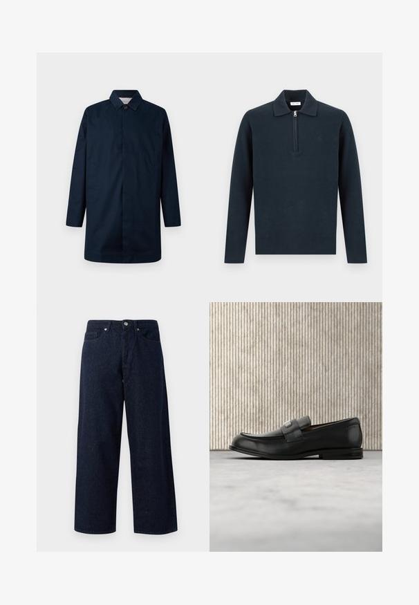 Marineblauer langer Mantel mit Kragen, Frontknopfverschluss, zwei seitlichen Taschen und gerader Silhouette, aus einem glatten Material gefertigt.; Dunkelblauer Langarm-Pullover mit Kragen und halbhohem Reißverschluss vorne, präsentiert vor einem schlichten hellen Hintergrund.; Dunkelblaue Denim-Jeans in weiter Beinform mit Knopfverschluss, Fronttaschen und subtiler Textur, geraden Säumen und einem lockeren Sitz.; Schwarzer Lederloafer mit einer Metallmarkenplatte, der nahe einem braunen runden Tisch auf beigem Teppichboden ruht.