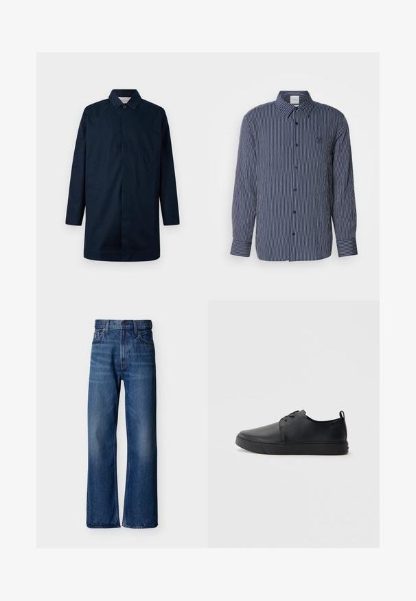Marineblauer langer Mantel mit Kragen, Frontknopfverschluss, zwei seitlichen Taschen und gerader Silhouette, aus einem glatten Material gefertigt.; Marineblaues Hemd mit Knöpfen und weißen vertikalen Streifen, langen Ärmeln, spitzem Kragen und gesticktem Logo auf der Brust.; Blaue Jeans aus Denim mit hoher Taille, weitem Bein, Fünf-Taschen-Design und einem dezenten Verblasseffekt. Calvin Klein Logo am Bund.; Schwarze Leder-Sneaker mit glatter Oberfläche, abgerundeter Zehenpartie, gleichfarbiger Nähte, schnürbarem Vorderteil und flacher Gummisohle. Schlaufe an der Ferse.