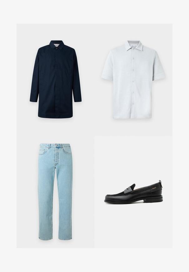 Marineblauer langer Mantel mit Kragen, Frontknopfverschluss, zwei seitlichen Taschen und gerader Silhouette, aus einem glatten Material gefertigt.; Kurzärmliges Hemd mit Kragen in Hellblau, strukturiertem Stoff mit Rautenmuster, mit durchgehender Knopfleiste vorne und geradem Saum.; Helle blaue Jeans aus Denim mit geradem Schnitt, fünf Taschen, einem Reißverschluss und einem dezenten Verblassen des Stoffes.; Schwarzer Lederloafer mit grauem Riemendetail, niedrigem Absatz und strukturierter Sohle, seitlich mit „HUGO“ in Gold gebrandmarkt.