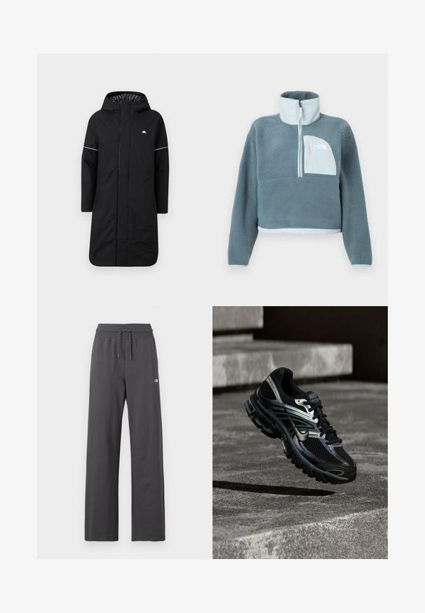 Sort lang regnfrakke med hætte, med en frontlynlås, hvid accentpiping og en stribet indvendig foring. Logo på brystet. Glat tekstur.; Blå fleecepullover med halvhøj lynlås, høj krave og lys blå brystlomme med The North Face-logo.; Mørkegrå sweatpants med vide ben, ribbet elastik i taljen og snøre, med en lille hvid logo på højre lår.; Sort og sølv Nike løbesko svævende over betontrappe, viser detaljeret design og tekstureret sål i udendørs omgivelser.