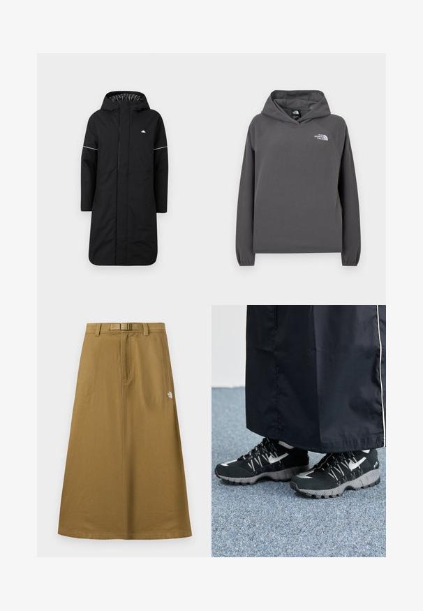 Sort lang regnfrakke med hætte, med en frontlynlås, hvid accentpiping og en stribet indvendig foring. Logo på brystet. Glat tekstur.; Grå hættetrøje i fleece med en afslappet pasform, ribbede ærmegab og en lille hvid logo på venstre bryst. Blød tekstur og enkelt design.; Lang, lysebrun udendørsskjørt med forlommer, integreret bælte og The North Face-logo på højre side.; Sorte sportsko med en struktureret overdel, sølvdetaljer og en mønstret ydersål, parret med et langt sort plagg. Sat mod blå tæpper.