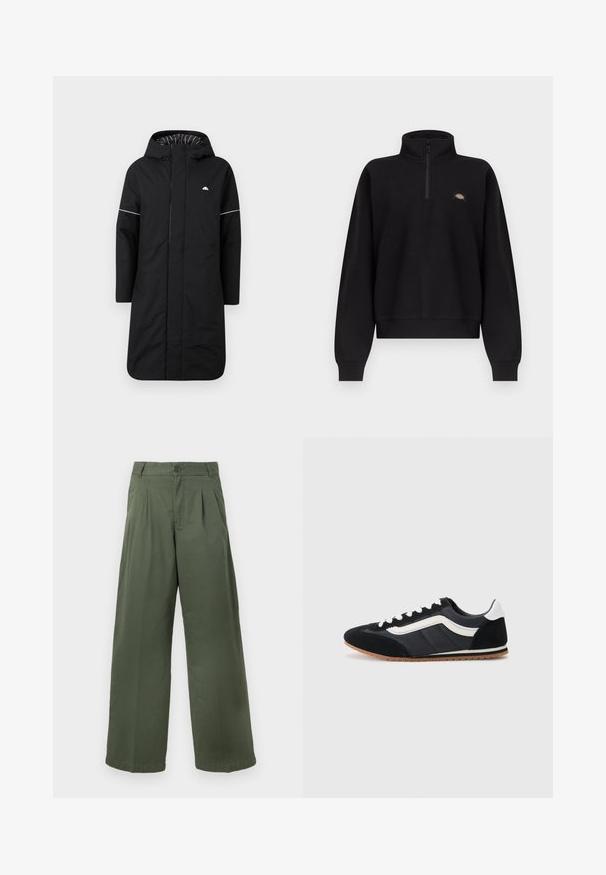 Must välja must pikk vihmamantel kapuutsiga, millel on ees tõmblukk, valged aktsentpipingsed ja triibuline sisemine vooder. Logo rinnal. Sile tekstuur.; Must pikkade varrukatega pullover, millel on veerandi pikkune lukk kaelusel ja väike mitmevärviline logo vasakul rinnal, soonikkoes mansetid ja alumine äär.; Rohelised laia säärega puuvillast püksid, millel on nööpidega kinnis, volditud esikülg ja sile tekstuur sirge äärega.; Mustmustreen mustad jalatsid, millel on seemisnahast ja tekstiilist ülemine osa, valged aktsendid, kuus silmust ja kummist tallad. Kõrge disain ja madal profiil.