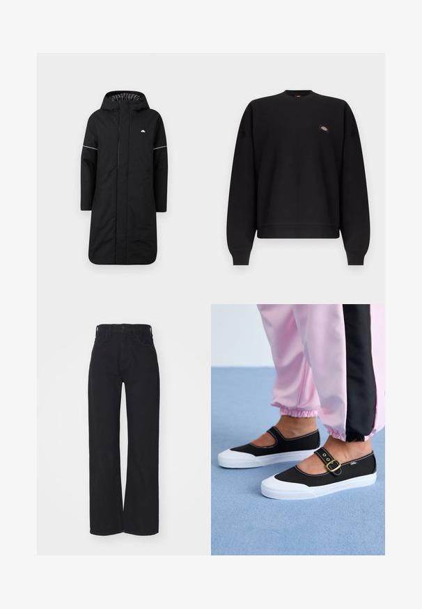 Sort lang regnfrakke med hætte, med en frontlynlås, hvid accentpiping og en stribet indvendig foring. Logo på brystet. Glat tekstur.; Sort langærmet crewneck-sweatshirt med ribbet manchetter og kant, med et lille farverigt logopatch på venstre bryst.; Sorte højtaljede bredbenede jeans med frontknap og lynlås, bæltestropper og to forlommer på hvid baggrund.; Sorte lærredssko med en hvid sål, der har et udskæringsdesign og et guldspænde. Bæret med lyserøde træningsbukser.