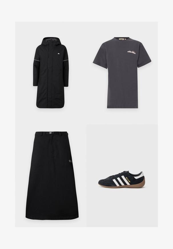 Manteau de pluie long noir avec capuche, doté d'une fermeture éclair à l'avant, de tissus d'accents blancs et d'une doublure intérieure rayée. Logo sur la poitrine. Texture lisse.; T-shirt gris foncé à manches courtes et col rond avec un petit logo "ellesse" rose clair sur le côté gauche de la poitrine et une étiquette logo sur la manche.; Jupe midi noire avec ceinture à taille ajustable et logo The North Face sur le côté droit.; Baskets en daim noir avec trois bandes blanches, semelle en caoutchouc beige, et un petit logo doré sur le côté. Dotées d'une doublure intérieure noire lisse.