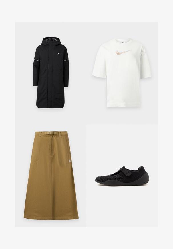 Gabardina negra larga con capucha, que cuenta con un cierre frontal, ribetes de acento blancos y un forro interior a rayas. Logo en el pecho. Textura suave.; Camiseta blanca de manga corta con un logo metálico de Nike en tono rosa oro centrado en el pecho sobre un fondo gris claro.; Falda exterior larga y marrón claro con bolsillos frontales, cinturón integrado y logo de The North Face en el lado derecho.; Zapato estilo Mary Jane negro con tejido de malla transpirable, correa ajustable y suela redondeada para una comodidad diaria.