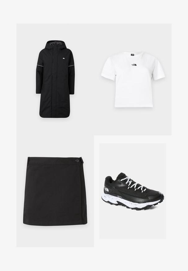 Gabardina negra larga con capucha, que cuenta con un cierre frontal, ribetes de acento blancos y un forro interior a rayas. Logo en el pecho. Textura suave.; Camiseta blanca de algodón con mangas cortas, cuello redondo y un logo negro de The North Face en el pecho. Diseño sencillo y sin adornos.; Minifalda negra de algodón con cierre lateral de botones y dobladillo recto, mostrada extendida sobre un fondo blanco.; Zapatilla deportiva negra con parte superior de malla y diseño texturizado. Presenta una entresuela blanca moteada, una suela gruesa negra y cordones reflectantes.