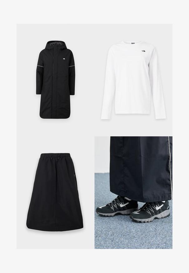 Zwarte lange regenjas met een capuchon, voorzien van een voorrits, witte accentpiping en een gestreepte binnenvoering. Logo op de borst. Glad textuur.; Wit shirt met lange mouwen en ronde hals met klein zwart The North Face-logo op de linkerborst.; Zwarte A-lijn rok met elastische tailleband en verstelbare trekkoord, knielengte, effen ontwerp met zijzakken.; Zwarte atletische schoenen met een gestructureerde bovenkant, zilveren accenten en een gestippelde loopzool, gecombineerd met een zwart lang kledingstuk. Geplaatst op een blauwe vloerbedekking.
