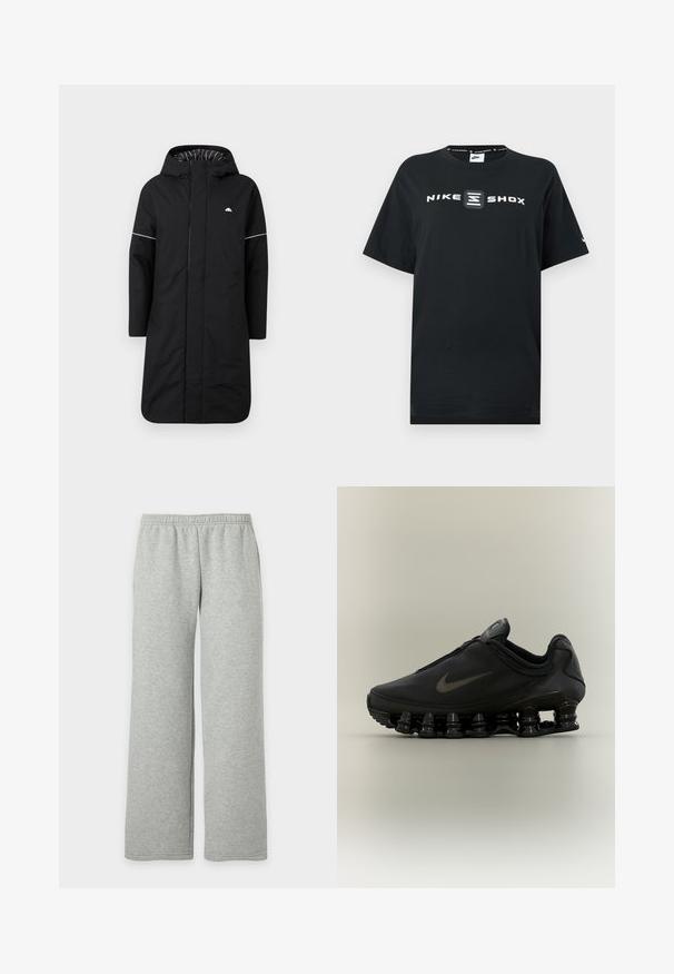 Zwarte lange regenjas met een capuchon, voorzien van een voorrits, witte accentpiping en een gestreepte binnenvoering. Logo op de borst. Glad textuur.; Zwart Nike T-shirt met de logo's "NIKE" en "SHOX" in het wit aan de voorkant. Rondhals design met korte mouwen en een ontspannen pasvorm.; Lichtgrijze joggingbroek met elastische tailleband en brede, rechte pijpen, getoond op een effen witte achtergrond.; Zwarte Nike-sneaker met een bovendeel met ritssluiting en een kenmerkende veerachtige, gesegmenteerde zool, weergegeven in zijaanzicht op een neutrale achtergrond.