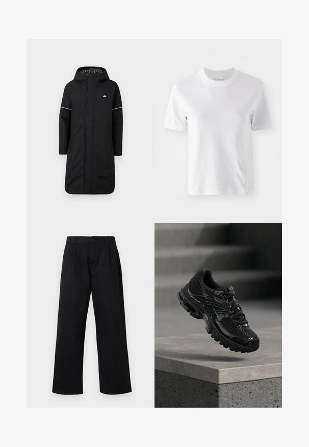 Gabardina negra larga con capucha, que cuenta con un cierre frontal, ribetes de acento blancos y un forro interior a rayas. Logo en el pecho. Textura suave.; Camiseta de algodón blanca de manga corta con cuello redondo y un pequeño logo bordado en el pecho, de textura suave y diseño sencillo.; Pantalones negros de talle alto y pierna ancha con pasadores para cinturón, botón frontal, cierre de cremallera y dos bolsillos laterales.; Zapatilla de running negra de Nike con parte superior de malla y sintética flotando sobre una superficie de hormigón y escalones de fondo.
