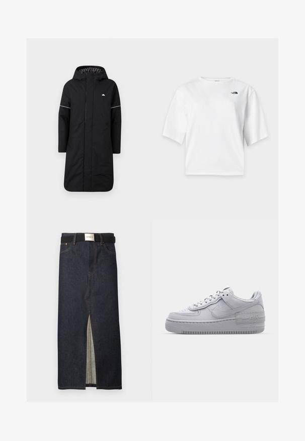 Manteau de pluie long noir avec capuche, doté d'une fermeture éclair à l'avant, de tissus d'accents blancs et d'une doublure intérieure rayée. Logo sur la poitrine. Texture lisse.; T-shirt blanc à manches courtes et col rond avec le logo The North Face noir sur la poitrine gauche.; Jupe midi en denim bleu foncé avec une fente frontale. Dotée de coutures jaunes et d'une ceinture noire avec une boucle argentée. Design simple et droit.; Basket en cuir lisse gris Nike Air Force 1 avec un bout perforé, une semelle épaisse et un détail 'AIR' en relief sur le talon.