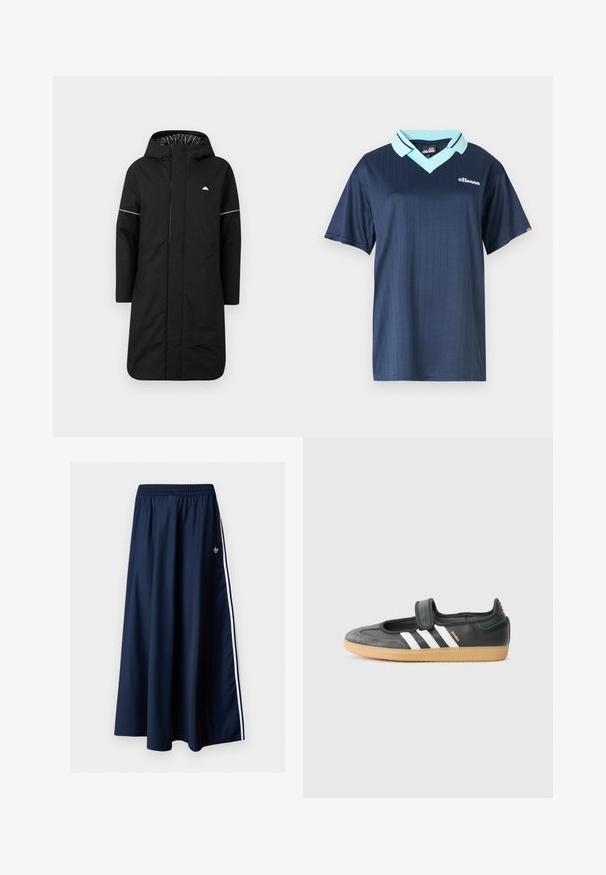 Zwarte lange regenjas met een capuchon, voorzien van een voorrits, witte accentpiping en een gestreepte binnenvoering. Logo op de borst. Glad textuur.; Donkerblauwe polo met korte mouwen, voorzien van een lichte blauwe kraag en een verticale streepjespatroon. Heeft een wit merklogo op de borst.; Donkerblauwe maxi-rok met elastische tailleband, twee witte zijstrepen en een klein wit Adidas-logo aan de linkerkant.; Zwarte leren en suède sneaker met een klittenbandsluiting, voorzien van drie witte strepen en een gumzool, met de naam "SAMBA" aan de zijkant.