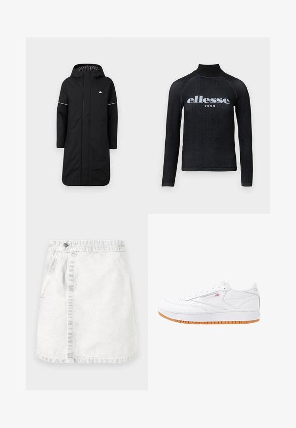 Gabardina negra larga con capucha, que cuenta con un cierre frontal, ribetes de acento blancos y un forro interior a rayas. Logo en el pecho. Textura suave.; Top negro de manga larga con cuello alto, que presenta un logo impreso en blanco "ellesse 1959" en el pecho; tejido suave y elástico.; Falda de mezclilla en gris claro. Diseño en línea A con bolsillos frontales, una costura visible en el centro y un solo botón metálico en la cinturilla.; Zapatillas blancas de cuero con suela de goma, detalles de costura y caja de dedos perforada. Cuenta con un logo en el costado y en el talón.
