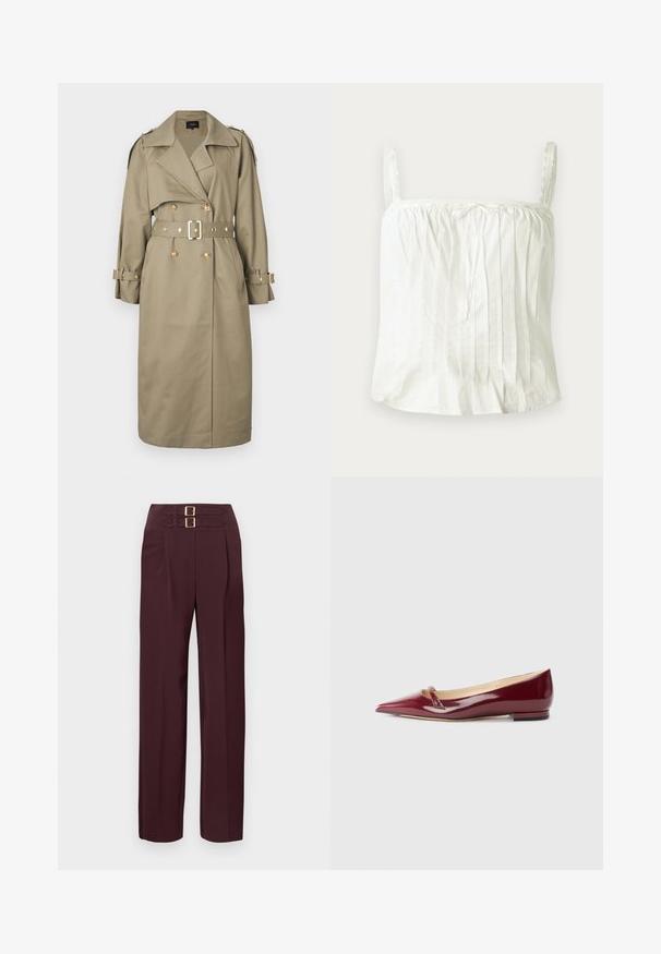 Maje GREENA - Trench - kaki; Haut blanc sans manches avec bretelles fines, présentant une texture plissée et des accents en dentelle le long de l'encolure. Tissu en coton léger.; Pantalon taille haute de couleur bordeaux foncé avec deux sangles à boucle dorée en haut et une coupe droite.; Ballerines en cuir verni bordeaux avec un bout pointu, présentant un petit détail découpé et un petit talon. Texture lisse et design épuré.