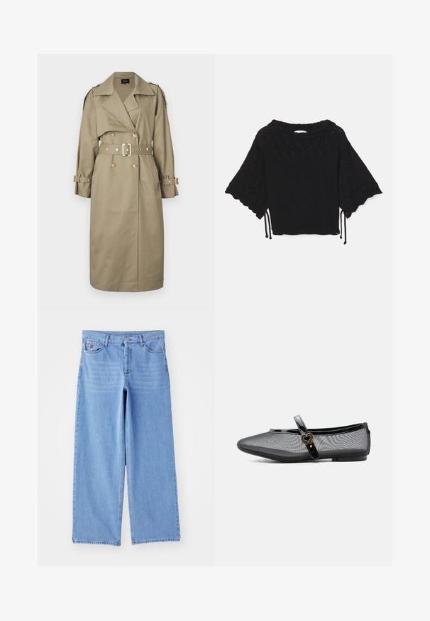 Maje GREENA - Trench - kaki; Haut noir en tricot à manches courtes présentant un motif texturé, des manches à volants et des détails de cordon de serrage à l'ourlet.; Jean large bleu clair en denim, avec un design classique à cinq poches et une fermeture à bouton. Texture lisse, ourlet effiloché.; Chaussure plate Mary Jane en mesh noir avec bride brillante et boucle dorée en forme de cœur, petit talon et bout arrondi sur fond uni.