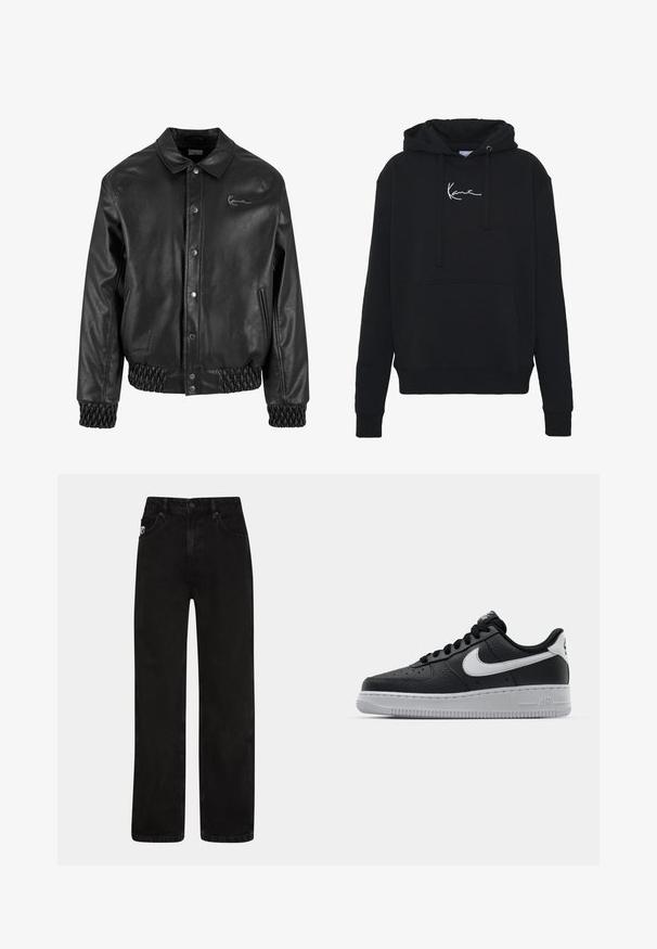 Schwarze Lederjacke mit einem Kragen, Druckknöpfen, Seitentaschen sowie elastischen Rippbündchen am Saum und an den Ärmeln. Verfügt über ein dezentes Logo.; Schwarzer Hoodie aus weichem Material, mit einer Fronttasche, Kordelzügen und weißer Logo-Stickerei auf der Brust. Klassische Passform und gerippte Bündchen.; Schwarze Denim-Jeans mit geradem Schnitt, ausgestattet mit frontalen Taschen, einem Knopfverschluss und einem dezenten Logo-Patch am Bund.; Schwarze Ledersneaker mit strukturierten Oberflächen, weißem Nike-Swoosh, grauer Sohle, runder Zehenpartie und Schnürdesign. Verfügt über Perforationen an der Zehenbox.