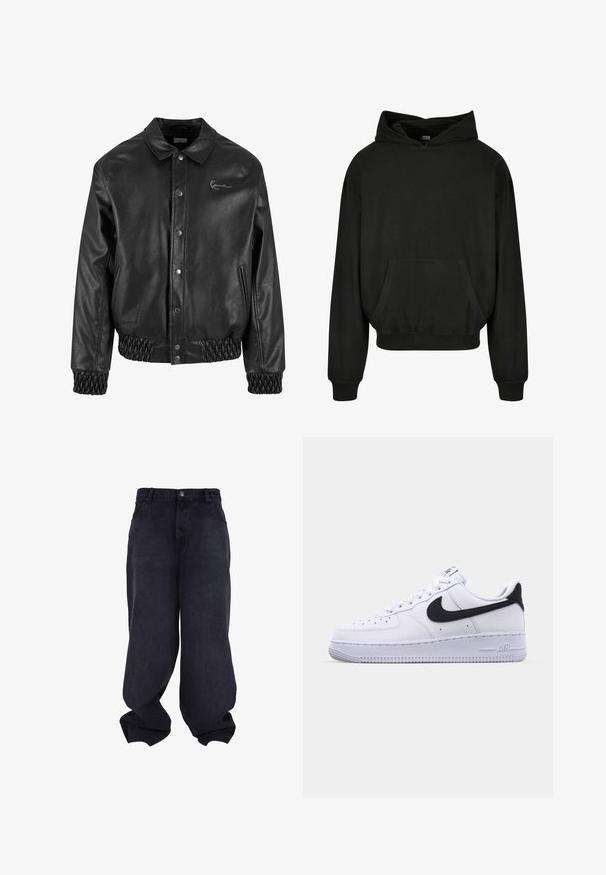 Sort læderjakke med krave, trykknapper, sidelommer og elastisk ribstrik i kanten og ved håndleddene. Har et diskret logo.; Sort hættetrøje med ribbet tekstur, snor i hætten, oversized pasform, forlommer og ribbede manchetter. Enkel design, klassisk stil.; Sorte oversized løstsiddende jeans med knap- og lynlåsfrontlukning, forlommer og løse, brede ben.; Hvide lædersneakers med en struktureret sort Swoosh, flade snørebånd og en gummisål med et rillemønster. "AIR" er præget på hælen.