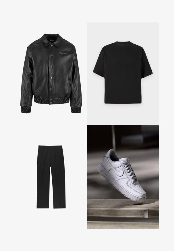 Sort læderjakke med krave, trykknapper, sidelommer og elastisk ribstrik i kanten og ved håndleddene. Har et diskret logo.; Sort T-shirt med kortærmer i løs pasform, lavet af glat bomuld, med rund halsudskæring og minimalistisk design.; Sorte bukser med lige ben, lavet af et glat stof. Har frontfolder og en enkelt knaplukning i taljen.; Hvid læder Nike Air Force 1 sneaker med perforeret tå, flade snørebånd og tekstureret gummisål med "AIR" branding på siden.