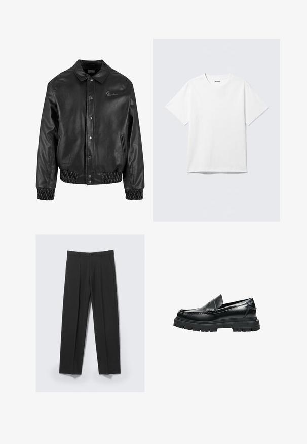 Zwarte leren jack met een kraag, drukknoopsluiting, zijzakken en elastische ribgebreide zoom en manchetten. Bevat een subtiele logo.; Witte T-shirt met korte mouwen en ronde hals, plat gelegd, effen ontwerp, met een "WEEKDAY" label in de kraag op een lichte achtergrond.; Zwarte op maat gemaakte broek met plooien aan de voorkant, zijzakken, riemlussen en knoopsluiting in de tailleband op een lichte achtergrond.; Zwarte leren loafer met dikke grof profielzool en pennybandje, zijaanzicht op witte achtergrond.