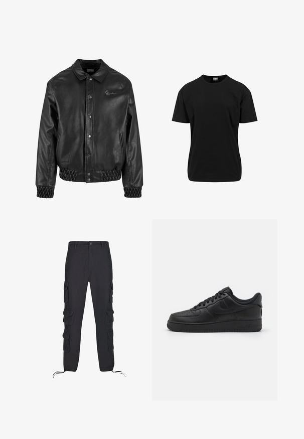 Schwarze Lederjacke mit einem Kragen, Druckknöpfen, Seitentaschen sowie elastischen Rippbündchen am Saum und an den Ärmeln. Verfügt über ein dezentes Logo.; Schwarzes kurzärmliges T-Shirt aus Baumwolle mit Rundhalsausschnitt und klassischer Passform, ohne sichtbare Muster oder Akzente.; Schwarze Cargo-Hosen aus Baumwolle, ausgestattet mit mehreren Seitentaschen, elastischen Zugbändern an den Bündchen und einem Knopfverschluss an der Taille.; Nike Sportswear AIR FORCE 1 07 FLYEASE - Sneaker low - black