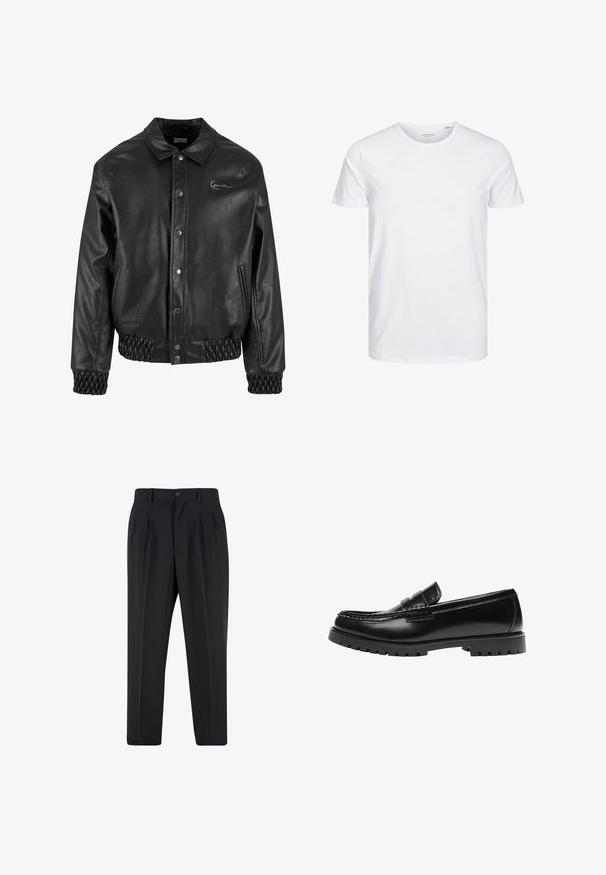 Sort læderjakke med krave, trykknapper, sidelommer og elastisk ribstrik i kanten og ved håndleddene. Har et diskret logo.; Rundhals kortærmet t-shirt i ensfarvet hvid, lavet af blød bomuld, har et simpelt design uden synlige mønstre eller detaljer.; Sorte skræddersyede bukser med forreste læg, bæltestropper og knaplukning i taljen.; Sort læderloafer med en kraftig gummisål og klassiske penny-strap detaljer, vist fra ydersiden.
