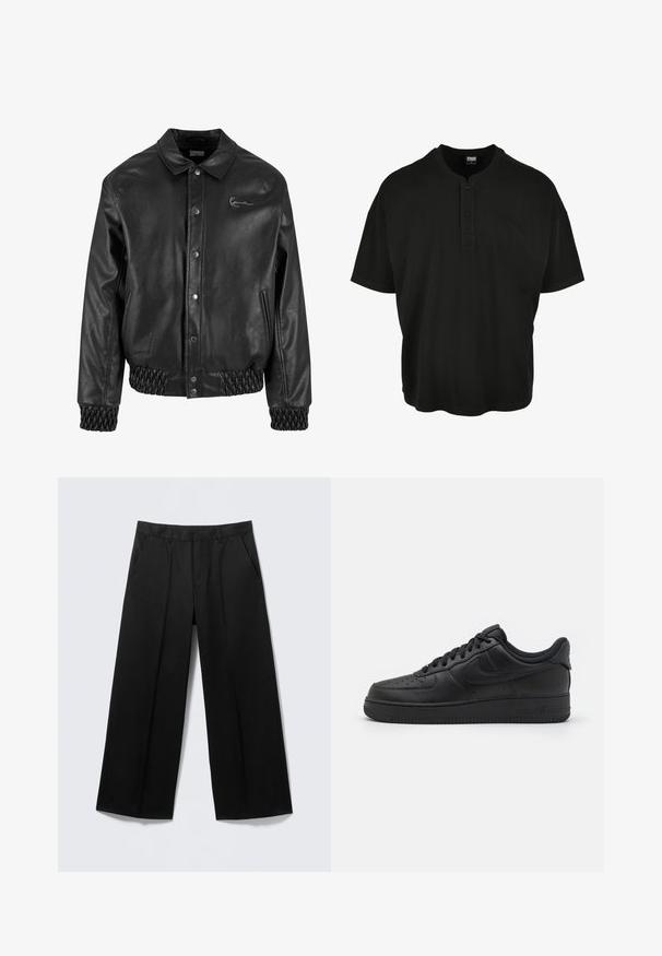 Schwarze Lederjacke mit einem Kragen, Druckknöpfen, Seitentaschen sowie elastischen Rippbündchen am Saum und an den Ärmeln. Verfügt über ein dezentes Logo.; Schwarzes kurzärmliges Hemd aus Baumwolle, mit einem Henley-Ausschnitt und zwei Knöpfen sowie überschnittenen Schulternähten.; Schwarze Hosen mit weitem Bein, Gürtelschlaufen, Vordertaschen und Reißverschluss, auf einem hellgrauen Hintergrund präsentiert.; Nike Sportswear AIR FORCE 1 07 FLYEASE - Sneaker low - black