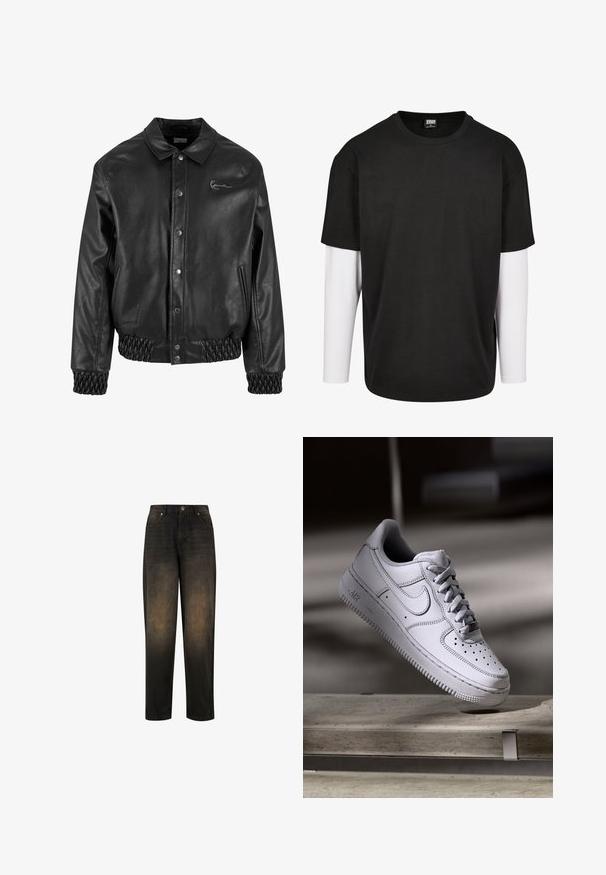 Sort læderjakke med krave, trykknapper, sidelommer og elastisk ribstrik i kanten og ved håndleddene. Har et diskret logo.; Sort kortærmet t-shirt med et hvidt langærmet lag under. Lavet af bomuld med rund halsudskæring og afslappet pasform.; Mørk denim jeans med en let falmet finish, der har lige ben, fem lomme-design og metalknap lukning.; Hvid læder Nike Air Force 1 sneaker med perforeret tå, flade snørebånd og tekstureret gummisål med "AIR" branding på siden.