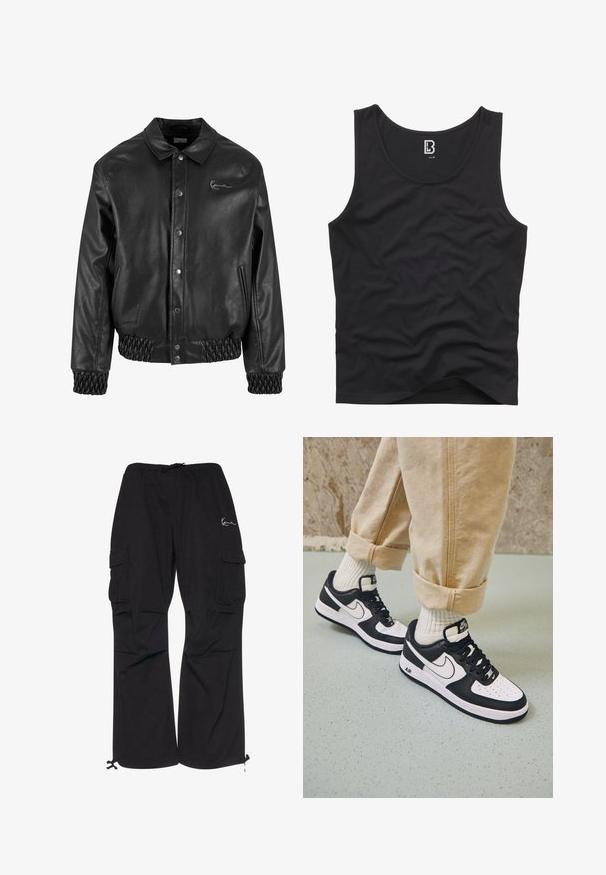 Schwarze Lederjacke mit einem Kragen, Druckknöpfen, Seitentaschen sowie elastischen Rippbündchen am Saum und an den Ärmeln. Verfügt über ein dezentes Logo.; Schwarzes Tanktop aus glattem Stoff, mit einem runden Ausschnitt und Armöffnungen, in einem schlichten Design ohne sichtbare Muster oder Akzente.; Schwarze Cargo-Hosen aus leichtem Material, mit elastischem Bund und Kordelzug, seitlichen Taschen und verstellbaren Bündchen.; Schwarz-weiße Nike Air Force 1 Sneaker mit einem Obermaterial aus Leder, perforierter Zehenpartie und strukturiertem Sohlendesign, getragen mit aufgerollten beigen Hosen und weißen Socken.