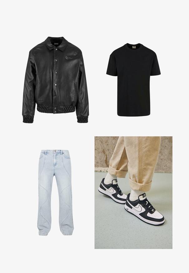 Sort læderjakke med krave, trykknapper, sidelommer og elastisk ribstrik i kanten og ved håndleddene. Har et diskret logo.; Urban Classics SHORTSLEEVE - T-shirts basic - black; Lyseblå denim jeans med buede syninger, knaplukning og afslappet pasform. Stof har en glat overflade med en let falmning.; Sorte og hvide Nike Air Force 1 sneakers med læderoverdel, perforeret tå og tekstureret såldetalje, båret med rullede beige bukser og hvide sokker.