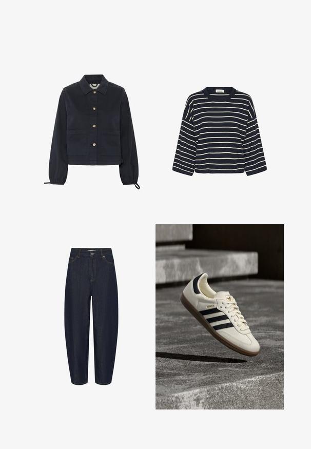 Marineblå bomuldsjakke med krave, frontlukning med knapper og elastiske ærmer. Har to frontlommer og et cropped design.; Marineblå bomulds sweatshirts med hvide vandrette striber, lange ærmer, en rund halsudskæring og en cropped silhuet. Mærket skriver "soaked."; Mørkeblå jeans med høj talje og lige ben, lukket med forreste knap og lynlås samt fem-lomme design.; Hvid Adidas Samba sneaker med sorte striber og gummsål, svævende over teksturerede grå betonstrin.