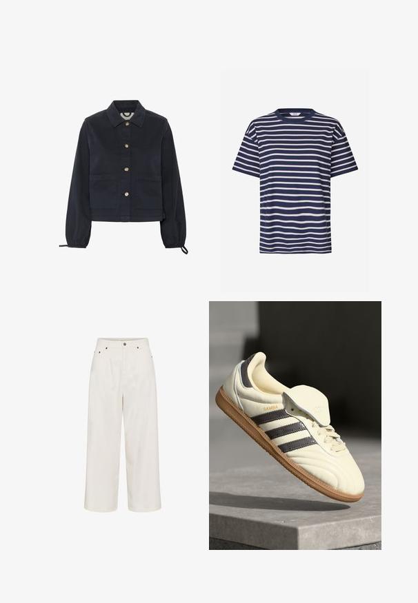 Veste en coton bleu marine avec col, fermeture avant à boutons et manches élastiquées. Comprend deux poches avant et un design court.; Envii KULLA - T-shirt imprimé - navy fog; Pantalon couleur crème taille haute à jambes larges avec bouton et fermeture éclair devant, passants pour ceinture, poches latérales et arrière.; Baskets en cuir crème avec trois bandes sombres, une semelle extérieure en gomme marron et un bout arrondi. Présentent une languette pliable étiquetée "SAMBA."