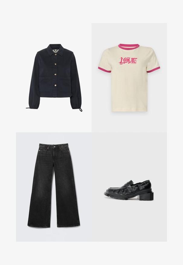 Marineblå bomuldsjakke med krave, frontlukning med knapper og elastiske ærmer. Har to frontlommer og et cropped design.; Flødefarvet T-shirt med lyserød ribkant ved krave og ærmer. Har en iøjnefaldende lyserød grafik med teksten "LOVE OF THE UNKNOWN" på forsiden.; Sorte jeans med vide ben, fem lommer og knappelukning, vist fladt på en lys baggrund.; Sorte læderloafers med en struktureret sål, der har en let forhøjet blokhæl og en tekstureret overdel, sikret med en frontrem.