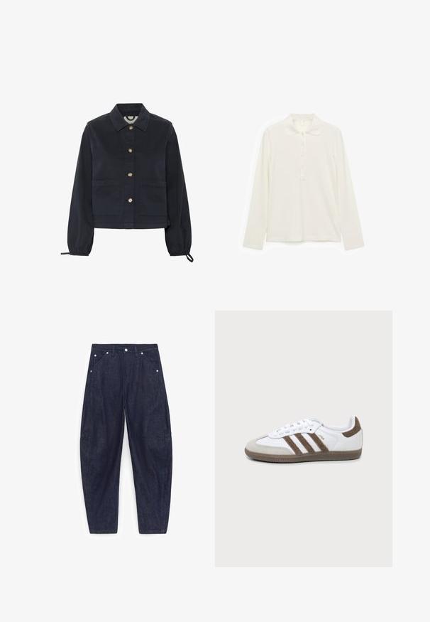Marineblå bomuldsjakke med krave, frontlukning med knapper og elastiske ærmer. Har to frontlommer og et cropped design.; Langærmet hvid ribstrikket polo med krave og fem frontknapper, lagt flat på en hvid baggrund.; Mørkeblå cowboybukser med vide ben, forlommer, bæltestropper og sølvnitter, vist fladt på en hvid baggrund.; adidas Originals SAMBA - Sneakers - white/earth strata/gum