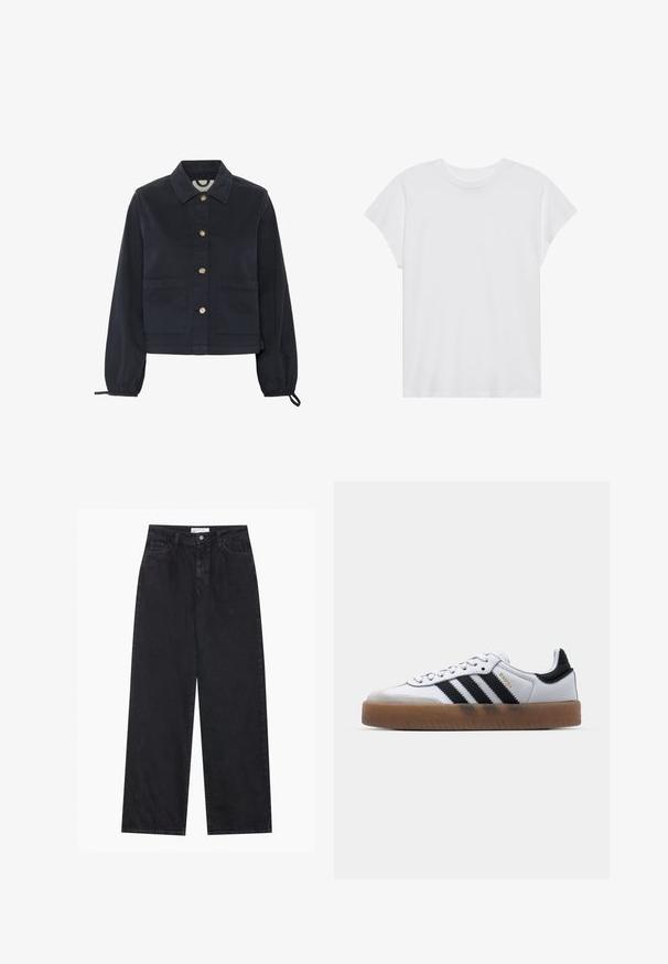 Veste en coton bleu marine avec col, fermeture avant à boutons et manches élastiquées. Comprend deux poches avant et un design court.; T-shirt blanc à manches courtes, col rond, coupe décontractée, en tissu de coton doux. Texture lisse, sans motifs ni logos.; Jeans en denim noirs taille haute à jambes larges avec fermeture à bouton et zip à l'avant, passants de ceinture et style à cinq poches.; Baskets en cuir blanc avec des rayures noires, semelle extérieure en caoutchouc beige, bout rond, fermeture lacée et embout en suède gris doux.