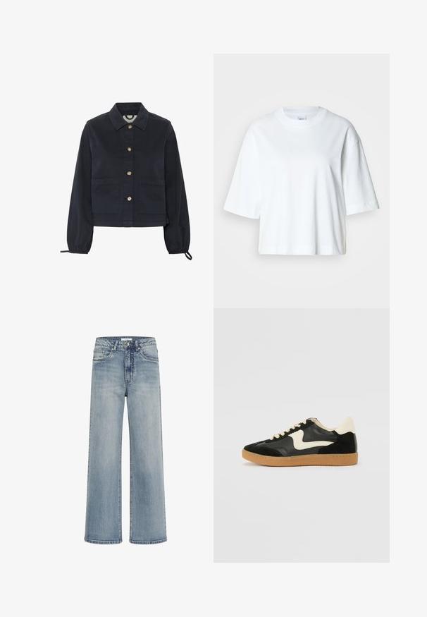 Marineblå bomuldsjakke med krave, frontlukning med knapper og elastiske ærmer. Har to frontlommer og et cropped design.; Hvid cropped t-shirt med korte ærmer, rund halsudskæring, lavet af blødt bomuldsmateriale, med et enkelt og rent design.; Lyseblå vidde jeans lavet af denim, med standard knap- og lynlåslukning, fem lommer og syning detaljer på sømmene.; Sorte ruskinds- og lædersneakers med en cremefarvet side-swoosh og lys cremefarvet hæl. Har beige snørebånd og en gummirubber-sål.