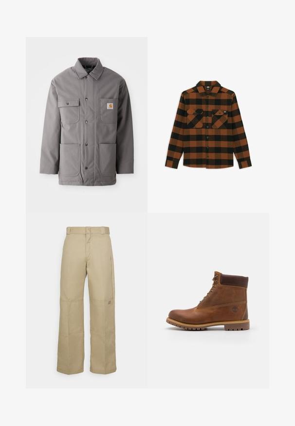 Veste grise résistante à l'eau avec une fermeture à boutons, deux poches sur la poitrine et deux poches inférieures. Elle possède un col standard et un patch logo.; Chemise à manches longues en motif écossais orange et noir, fabriquée dans un tissu texturé. Comprend deux poches poitrine et une fermeture à boutons.; Pantalons larges beiges en tissu résistant, dotés d'une taille haute, de coutures visibles et d'un petit logo sur le côté.; Botte de randonnée en cuir marron avec une finition lisse, cheville rembourrée, œillets en métal et semelle en caoutchouc dotée d'un motif de crampons robuste.