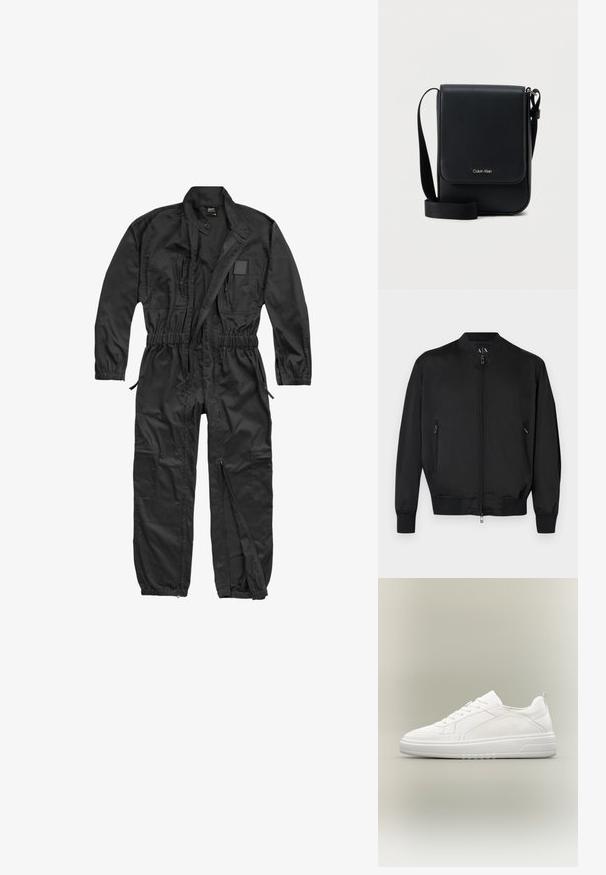 Blouson bomber noir avec fermeture éclair frontale, poches latérales zippées, poignets et ourlet côtelés, et petit logo embossé sur la poitrine.; Brandit BRANDIT HERREN EINSATZKOMBI - Combinaison - black; Baskets basses blanches à lacets à l'avant, panneaux latéraux texturés et semelle épaisse sur fond neutre.; Sacoche Calvin Klein noire avec rabat, bandoulière ajustable et petit logo doré à l'avant, sur fond blanc uni.