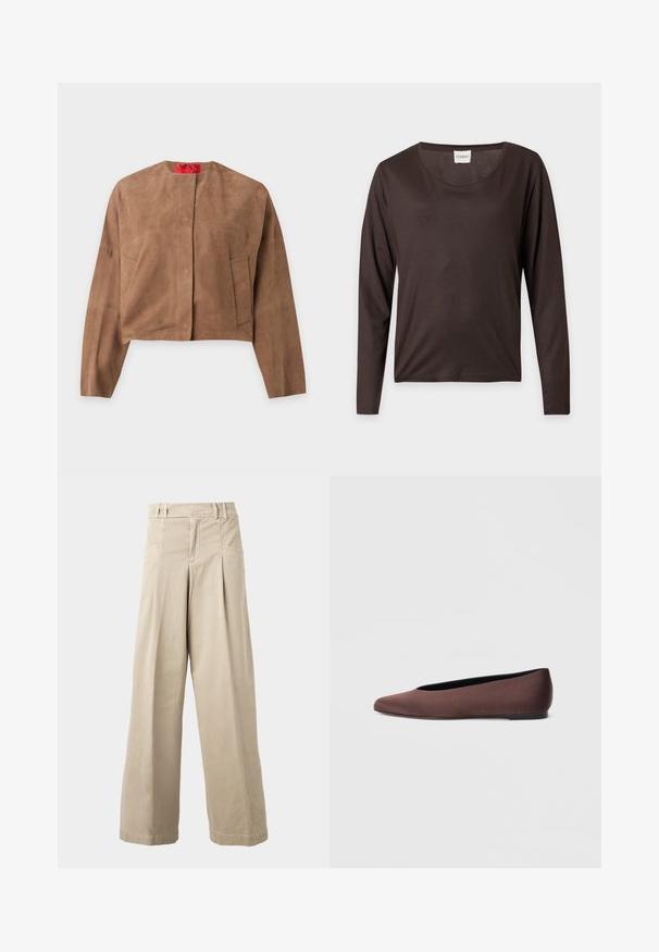 Veste courte en daim marron avec manches longues, col rond et deux poches avant, présentée sur un fond uni.; Chemise à manches longues marron foncé avec encolure ronde, ourlet droit et une petite étiquette blanche indiquant "CLOSED" à l’intérieur du col.; Pantalon beige taille haute à jambes larges avec passants de ceinture, plis à l’avant et poches latérales, présenté sur un fond clair uni.; Ballerines en tissu marron avec un bout pointu et une texture lisse, dotées d'un talon bas et d'une fine semelle noire. Aucune motif ni élément métallique visible.