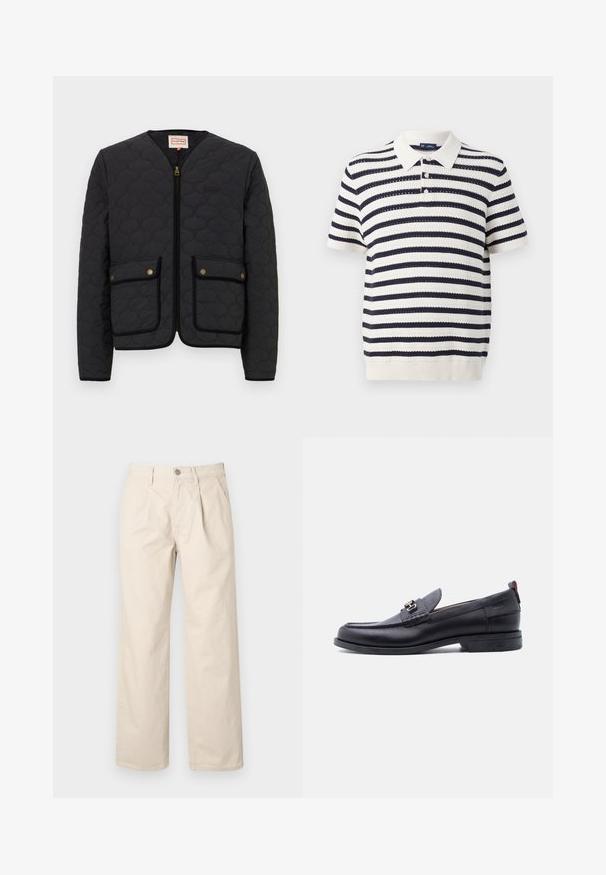 Veste matelassée noire avec fermeture éclair à l'avant, deux poches avant et un col rond. Caractéristiques de quincaillerie dorée et garniture noire contrastante autour des poches.; Polo rayé avec des bandes alternées bleu marine et crème, manches courtes, col côtelé et patte de boutonnage à trois boutons. Texture tricotée.; Pantalons larges beiges à taille haute, avec des plis avant, une fermeture à bouton sur le devant et un tissu en coton lisse.; Mocassin en cuir noir avec empeigne texturée grise, détail boucle en métal argenté, petit talon et languette à l'arrière.